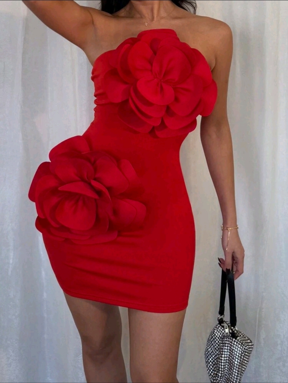 Red Strapless Floral Applique Bodycon Dress